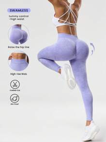 SHEIN Sports Damskie legginsy do jogi i fitnessu z wysokim stanem i nadrukiem tie-dye - Fioletowy - Zobacz 5