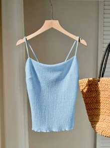 Comfortcana 1 pieza Camiseta sin espalda de unicolor de tela texturizada para vacaciones - Azul - Ver 5
