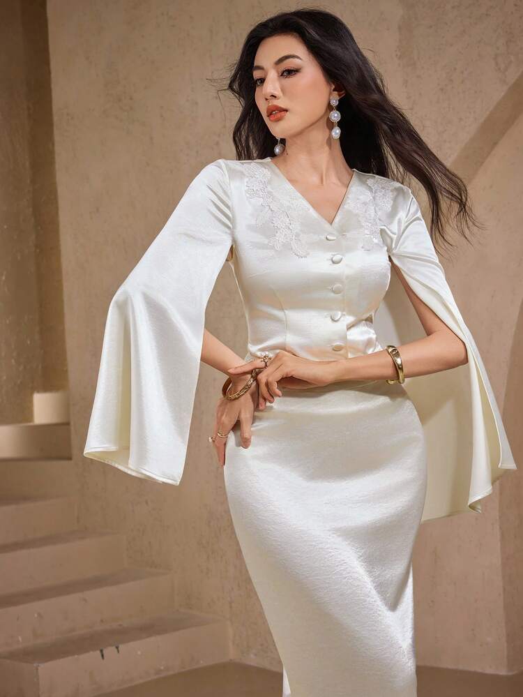 2pcs Women Lace Blouse And Skirt Set, Summer Outfit