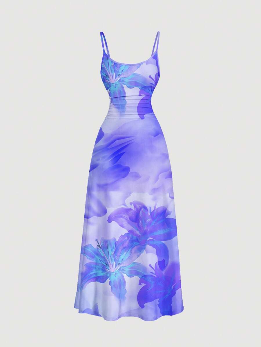 SHEIN MOD Casual Floral Pattern Waist Ruched Hem Spaghetti Strap Dress Summer Dresses For Women Suitable For Going Out Chic Dress - Multicolor - View 1