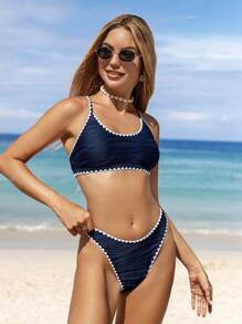 Swim Vcay 2pcs Set Spring/Summer Navy Blue Backless Tooth Edge Vacation Beach Bikini Set
