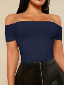 SHEIN SXY Off Shoulder Solid Women Outfit Black Bodysuit - Navy Blue - View 1