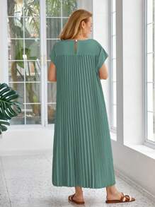 Đầm Maxi Dài Rộng Cho Nữ Mùa Hè Màu Trơn Cổ Tròn Tay Ngắn Có Túi Xếp Ly, Dáng Rộng, Mặc Vào Dịp Giáng Sinh, Trang Phục Cho Nữ - màu xanh lá - Xem 2