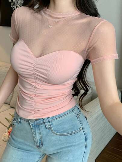 DAZY 夏季性感波尔卡圆点网眼拼布短袖女衬衫