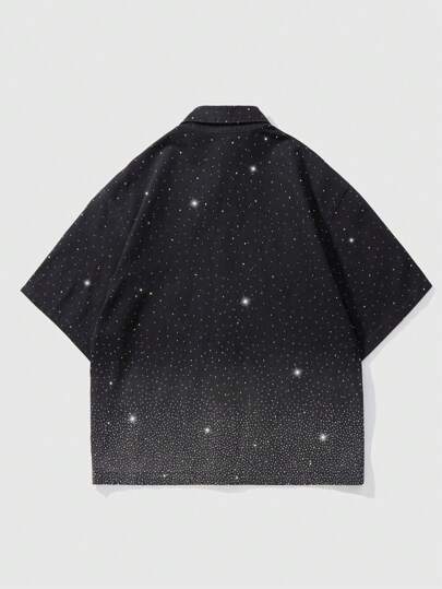 ROMWE Avant Men's Avant Fashionable Rhinestone Embellished Button-Front Denim Jacket