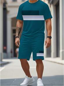 Manfinity Homme Men's Summer Casual Colorblock Striped T-Shirt & Shorts Set - Multicolor - View 1