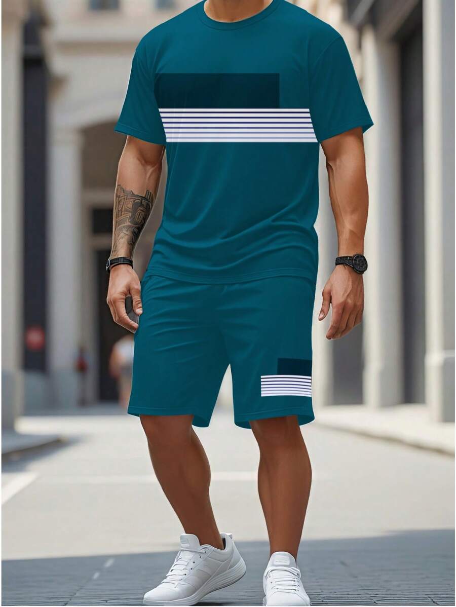 Manfinity Homme Men's Summer Casual Colorblock Striped T-Shirt & Shorts Set - Multicolor - View 1