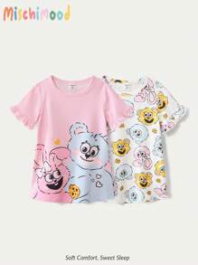 2pcs/Set Baby Girls' Cute Cookie, Rabbit, Bear Print Nightgown Pajama Set, Simplistic & Fashionable - Multicolor - View 2
