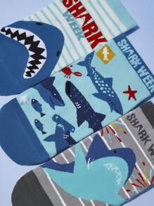 Shark Week X SHEIN 3 pares de calcetines casuales de tobillo suaves, transpirables y que absorben la humedad con patrón a rayas de tiburón, grises y azules, cortos y fashion, con refuerzo en la punta y el talón para mayor durabilidad, unisex para hombres y mujeres, para todo el año