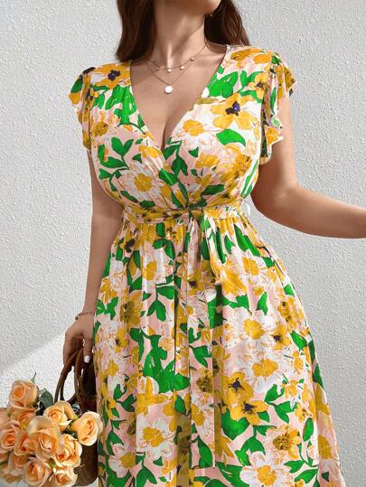 Breezaya 大码度假风格花卉印花荷叶边下摆连衣裙休闲女装夏季连衣裙