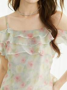 Celisse New Arrival Summer Vacation Stylish Chiffon Floral Print Off-Shoulder Sleeveless Ruffled Hem Women Blouse