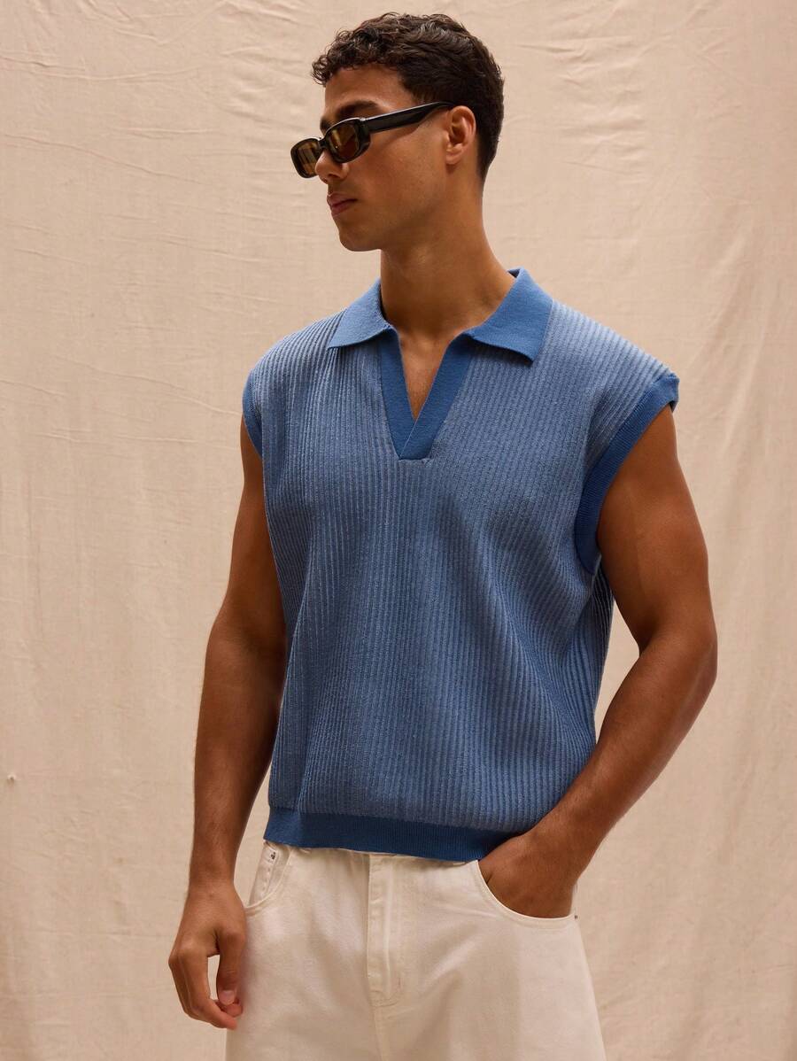 Musero 翻领落肩轻薄针织无袖毛衣背心，街头风叠穿，春夏必备 - 彩色 - 查看 1