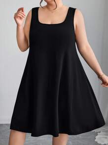 SHEIN CURVE+ 加大码高弹力收腹裙，二合一纯色连衣裙，双层衬里，收腹提臀裙，曲线加大，波西米亚风女士度假海滩装/沙滩裙/海滩度假装/海滩必备品/毕业/茶会礼服