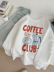 SHEIN EZwear Sudadera con capucha de manga larga, corte holgado, con estampado de letras de café, de estilo minimalista y casual, para mujeres