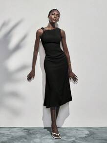 Lumivelle Vestido sin mangas con detalle de anillo metálico y fruncido en la cintura, vestido de verano - Negro - Ver 8