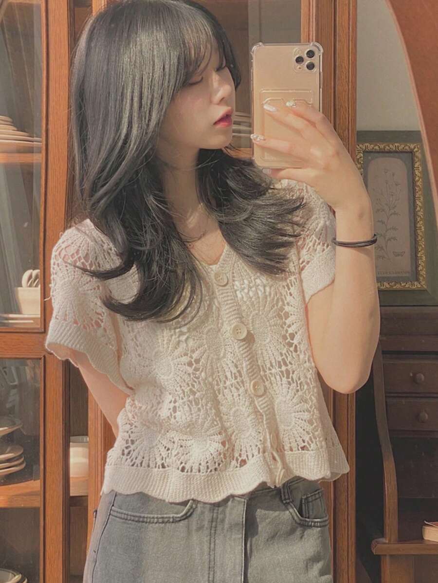 DAZY 女士V领镂空针织碎花短袖开衫