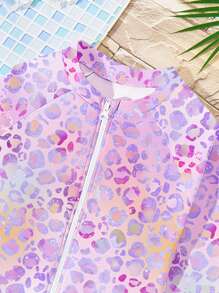 SHEIN Tween Girls Casual Minimalist Iridescent Lavender Leopard Print Rash Guard One-Piece Swimsuit, Suitable For Summer