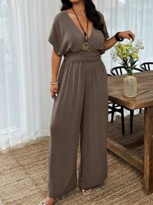 SHEIN Clasi 大码度假休闲纯色蝙蝠袖连体裤 - 棕色 - 查看 5