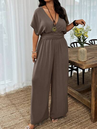 SHEIN Clasi Plus Size Vacation Casual Solid Color Batwing Jumpsuit