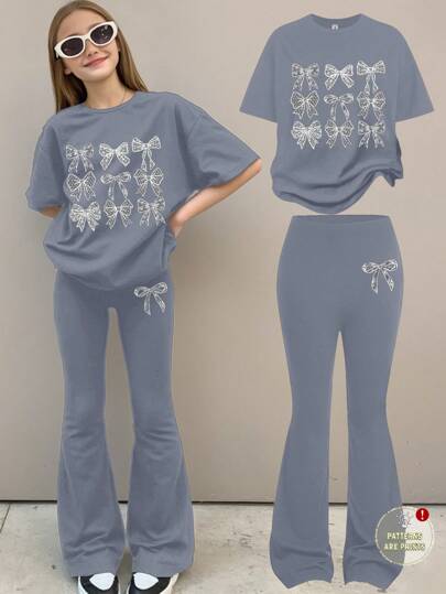 SHEIN Tween 女童休闲简约短袖上衣和长裤两件套，适合夏季