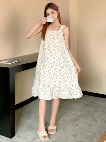 DAZY 女士宽松碎花荷叶边吊带睡袍睡衣 - 藍色 - 查看 5