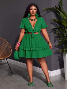 SHEIN Slayr Women Plus Size Mini Dress - Casual Romantic Vacation Outfit, Sexy Form-Fitting Solid Rose Red Short Sleeve With Ruffled Chest Tie-Front A-Line, Woven Textured Fabric, Spring/Summer - Green - View 7