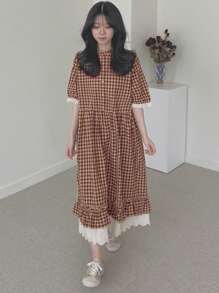 DAZY 女式格子荷叶边修腰休闲宽松长裙，返校服格子