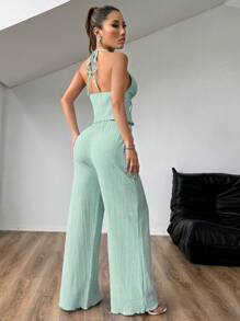 Flirla 纹理面料褶皱挂脖宽松阔腿裤套装 - 薄荷綠 - 查看 2