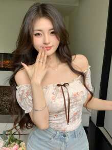 DAZY 女士镂空蕾丝碎花系带露肩上衣，夏季波西米亚风度假邮轮上衣 - 珊瑚橙 - 查看 8