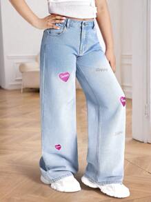 女童时尚爱心刺绣复古休闲阔腿牛仔裤，蓝色，四季皆宜 - 淺色水洗藍 - 查看 1