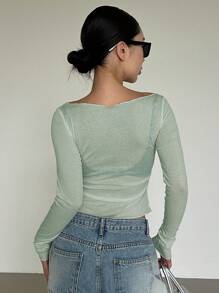 DAZY Autumn New Arrival Off-Shoulder Form-Fitting Women T-Shirt Sheer,Off Shoulder Top Long Sleeve Women Tops,Fall Women Clothes - Green - View 2