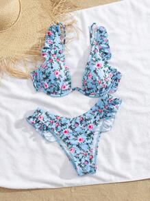 Swim Mod Ladies' Beach Spring/Summer Flower Printed Underwire Ruffle Edge Leisure Resort Bikini Set - Multicolor - View 7