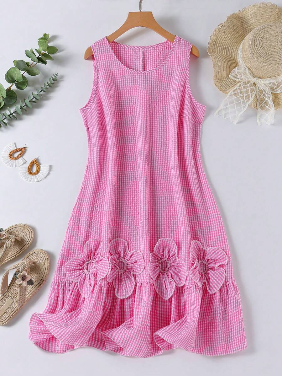 SHEIN LUNE Kariertes Ärmellos Rundhals Kleid in Große Größen, modisch für den Sommer - Heißes Pink - Übersicht 1