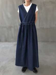 FRIFUL Vestito in jeans casual, scollo a V, vita con coulisse, da donna per l'estate