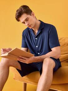 Men's Solid Color Button Front Short Sleeve Top And Shorts Pajama Set - Navy Blue - View 1