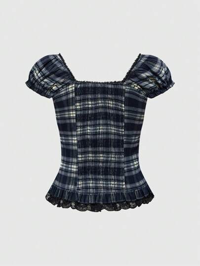 Goth Women's Plaid Puff Sleeve Lace Trim Gather Waist Blouse, School Girl Style