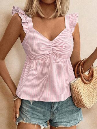 Poéselle Leinenstruktur gestreiftes bedrucktes Top mit Schmetterlings-Flügelärmel, Brustfalten und locker sitzender Form, Sommerfarbe, Sommerferiensaison, bequemes Top, Boho, Mama, Badeanzug Oberteile