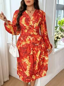 SHEIN Privé Plus Size Women Floral Print Asymmetric Ruffled Hem Dress, Bohemian Elegant Romantic French Style Graduation Dress