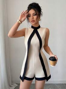 SHEIN Tall 女款純色拼接優雅連身褲，夏季穿著，適合高個女性 - 杏色 - 查看 3