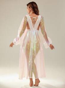 SHEIN Maternity Photography Dress Long Sleeve Deep V-Neck Hollow-Out 7-Color Mesh Dress For Maternity Photoshoot - Pink - View 3