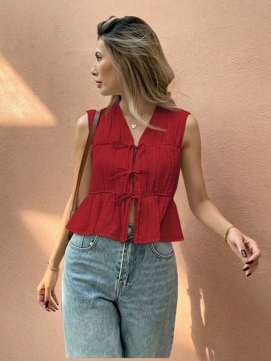 SHEIN Frenchy 女士度假休闲纯色无袖纽扣衬衫 - 紅色 - 查看 1