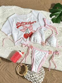 Swim Mod White Summer Cute Pool Party Holiday Women Sweet Daisy Texture Halter Backless Triangle Bikini Set With Cherry Print Chiffon Cover-Up,Vacation - White - View 4