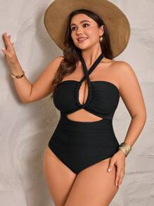 Swim Lushoire Plus Size Women Solid Color Strapless Drawstring Spaghetti Strap One-Piece Swimsuit, Casual & Holiday Style For Summer Beach Vacation - Black - View 5