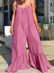 INAWLY Women's Fashionable Solid Color Ruffle Hem Wide Leg Sleeveless Casual Jumpsuit - Pink - View 5