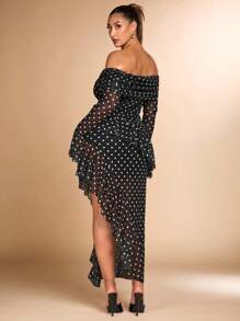 SHEIN BAE 加大码秋季优雅性感甜美女士黑白波尔卡圆点网眼印花单肩不对称荷叶边下摆高开衩长裙 - 黑色 - 查看 2
