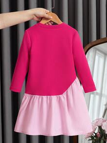 Genkimix Kids Girl's Casual Patchwork Striped Bow Decor Dress Fall Winter - Hot Pink - View 2