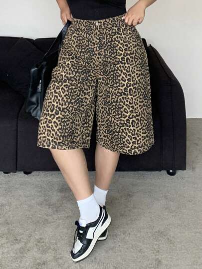 Dazy Plus Plus Size Women Loose Leopard Print Bermuda Shorts, Street Style Denim Jeans Denim Shorts
