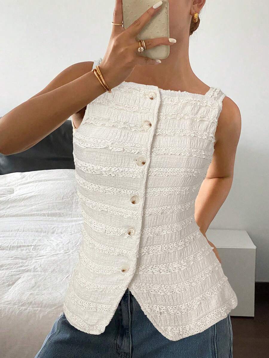 SHEIN Frenchy Women's Burnout Embroidery Frill Trim Button Front Sleeveless Shirt Summer Elegant - Beige - View 1