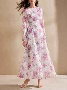 Graceveil Damen Frühlings-/Sommerkleid mit langem Blumen- und Palmenblatt-Muster, romantisch mit geraffter Taille, weitem Rock, bescheiden und elegant im arabischen Stil - Verschiedenfarbig - Übersicht 7