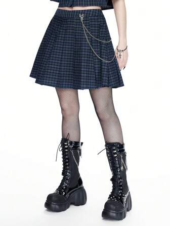 Gothic College Chain Decor Plaid Pleated A-Line Skirt